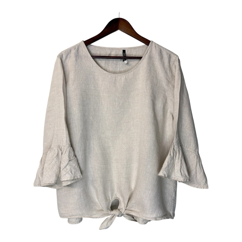 John Mark linen top women's XL neutral bell sleeve coastal beach cottagecore
